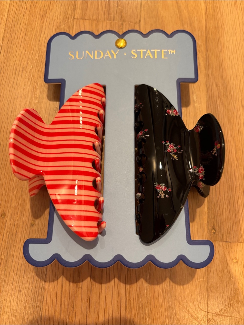 NWT Sunday State Floral Black AND A Red & white Striped Hair Claw clip Set